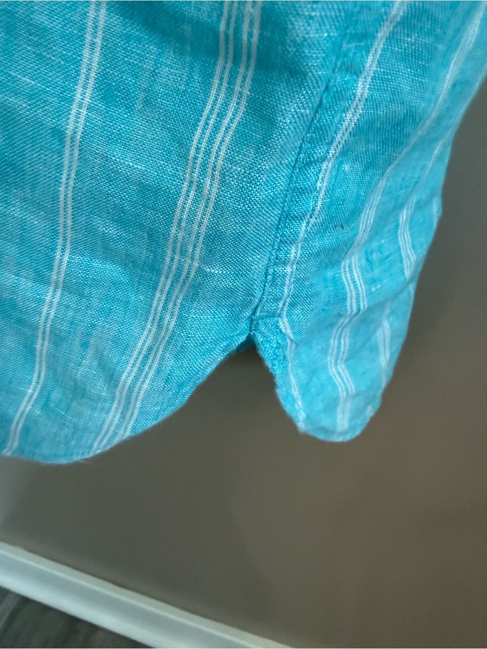 Talbots Linen Shirt Dress Aqua/Blue Striped Roll Tab Sleeves Coastal Resort L - Picture 4 of 8
